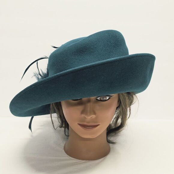 Vintage Plaza Suite NY Teal Wool Formal Hat Feathers Accent Church Evening Derby main image 10